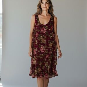 Floral Midi Dress in Burgundy and Pink
